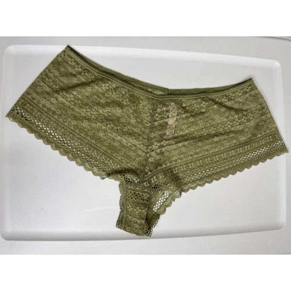 Victoria's Secret Lace Shortie Panty Olive Green Size L Floral Sheer Lingerie